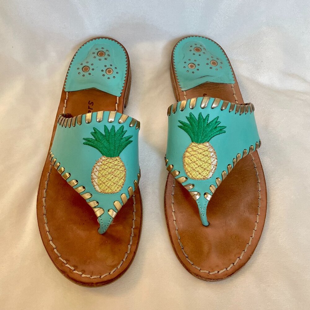Jack Rogers Pineapple Embroidered Leather Blue Sandals